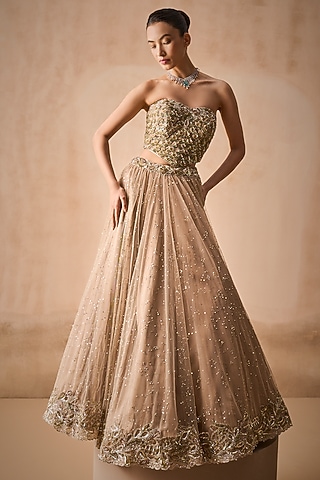 Biscuit Brown Tulle Sequins Embroidered Lehenga Set by Tamanna Punjabi Kapoor