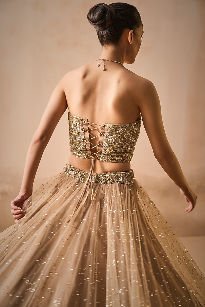 Biscuit Brown Tulle Sequins Embroidered Bridal Lehenga Set by Tamanna Punjabi Kapoor at Pernia's Pop Up Shop