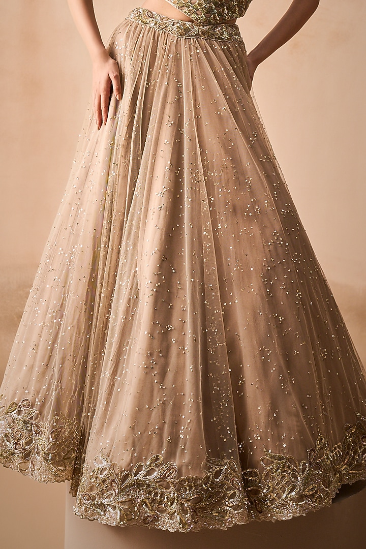 Biscuit Brown Tulle Sequins Embroidered Bridal Lehenga Set by Tamanna Punjabi Kapoor at Pernia's Pop Up Shop