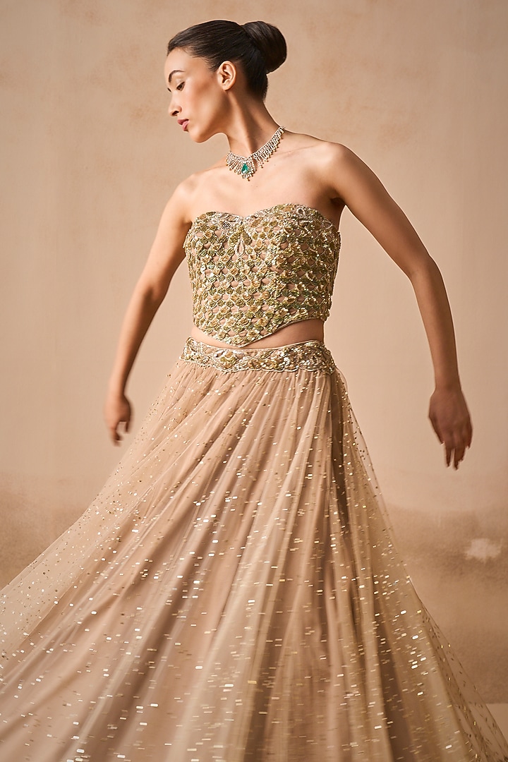 Biscuit Brown Tulle Sequins Embroidered Bridal Lehenga Set by Tamanna Punjabi Kapoor at Pernia's Pop Up Shop