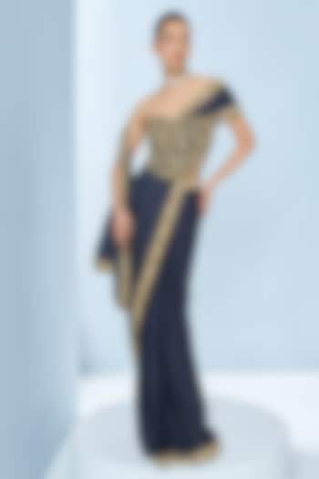 Midnight Blue Satin Sequins Embroidered Reception Saree Set by Tamanna Punjabi Kapoor at Pernia's Pop Up Shop