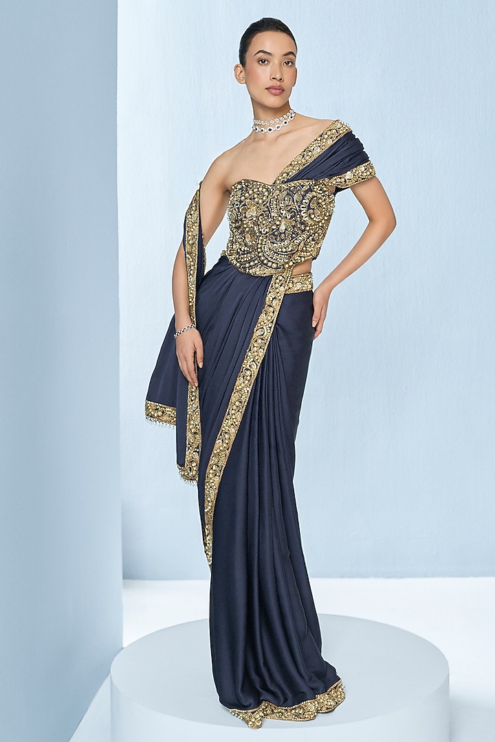 Midnight Blue Satin Sequins Embroidered Reception Saree Set by Tamanna Punjabi Kapoor at Pernia's Pop Up Shop