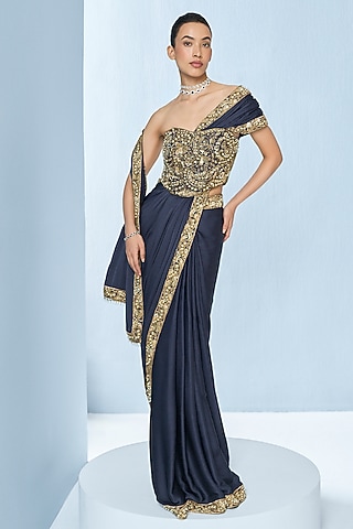 Midnight Blue Satin Sequins Embroidered Saree Set by Tamanna Punjabi Kapoor