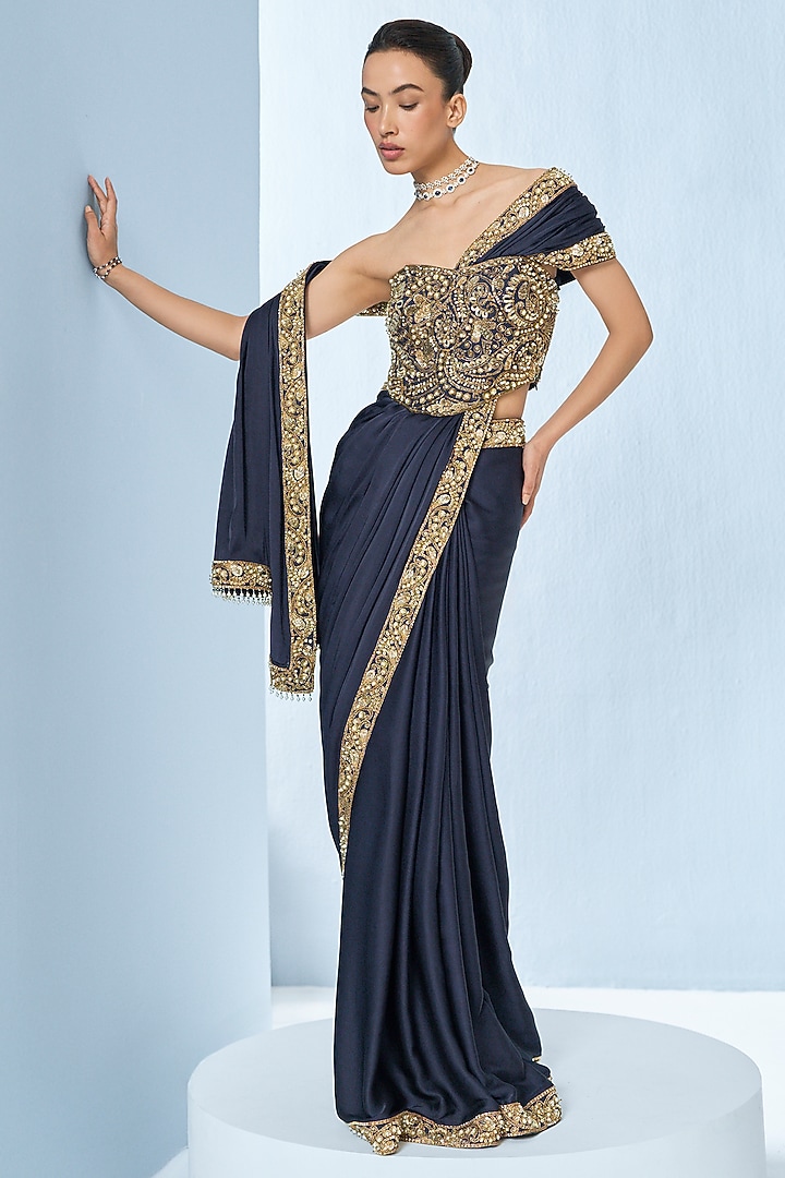 Midnight Blue Satin Sequins Embroidered Reception Saree Set by Tamanna Punjabi Kapoor at Pernia's Pop Up Shop