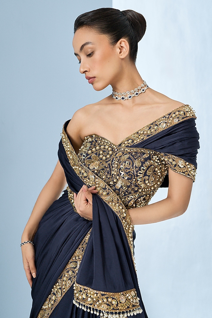 Midnight Blue Satin Sequins Embroidered Reception Saree Set by Tamanna Punjabi Kapoor at Pernia's Pop Up Shop