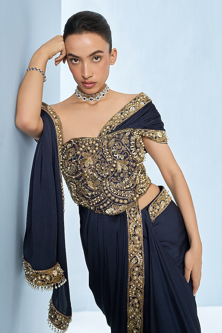 Midnight Blue Satin Sequins Embroidered Reception Saree Set by Tamanna Punjabi Kapoor at Pernia's Pop Up Shop