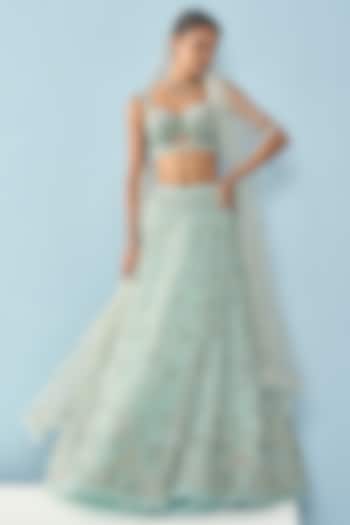 Aqua Blue Tulle Sequins Floral Embroidered Bridal Lehenga Set by Tamanna Punjabi Kapoor at Pernia's Pop Up Shop