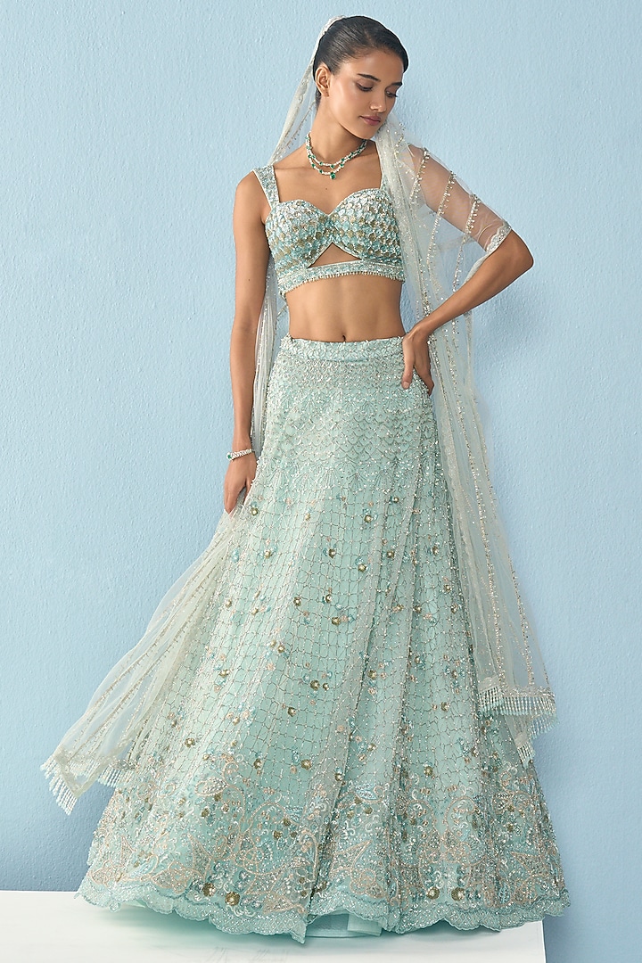 Aqua Blue Tulle Sequins Floral Embroidered Bridal Lehenga Set by Tamanna Punjabi Kapoor at Pernia's Pop Up Shop
