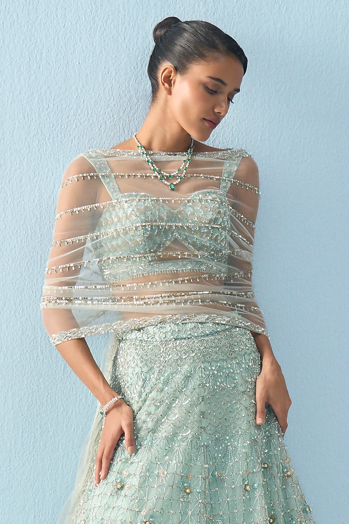 Aqua Blue Tulle Sequins Floral Embroidered Bridal Lehenga Set by Tamanna Punjabi Kapoor at Pernia's Pop Up Shop