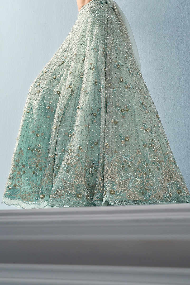Aqua Blue Tulle Sequins Floral Embroidered Bridal Lehenga Set by Tamanna Punjabi Kapoor at Pernia's Pop Up Shop