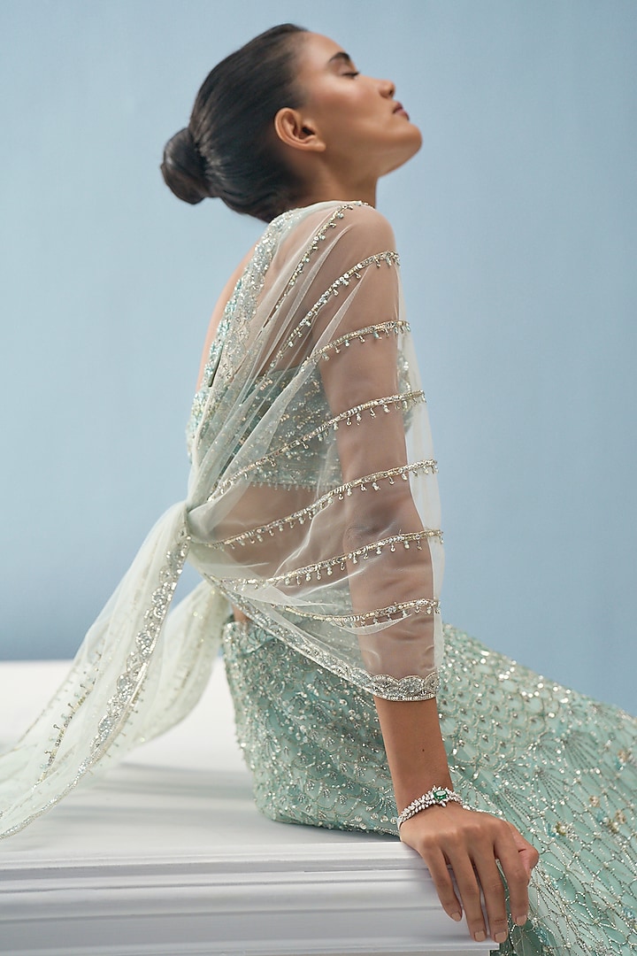 Aqua Blue Tulle Sequins Floral Embroidered Bridal Lehenga Set by Tamanna Punjabi Kapoor at Pernia's Pop Up Shop