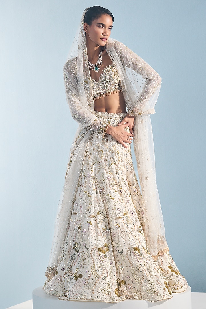 Ivory Georgette Sequins Embroidered Skirt Set by Tamanna Punjabi Kapoor at Pernia's Pop Up Shop
