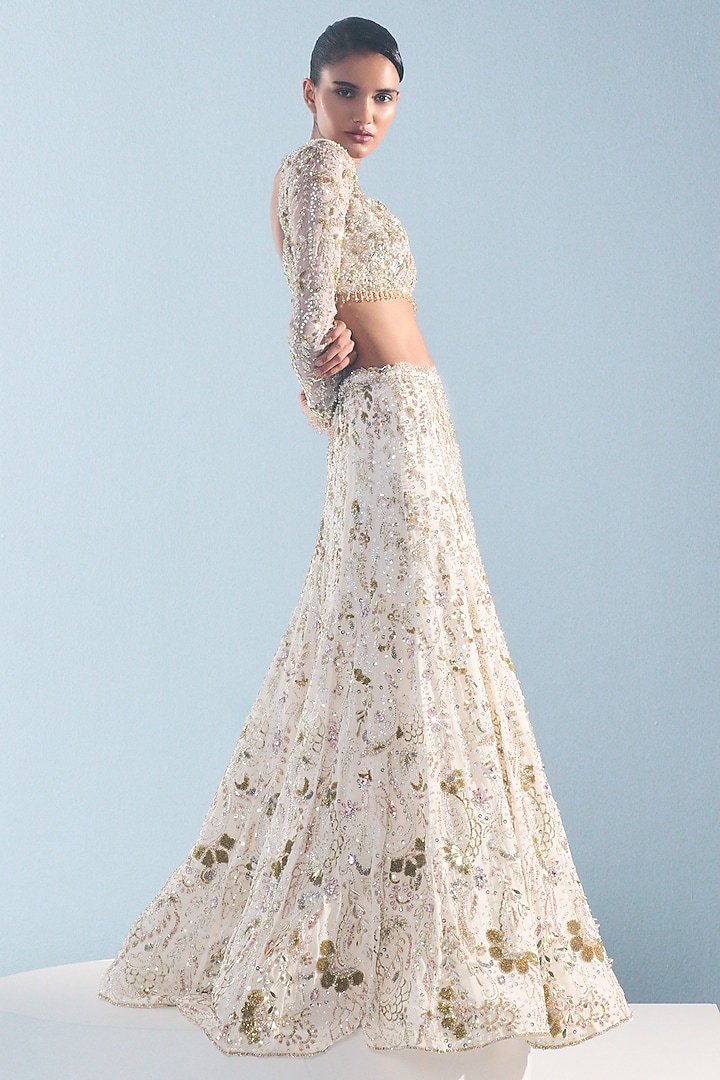 Ivory Georgette Sequins Embroidered Skirt Set by Tamanna Punjabi Kapoor at Pernia's Pop Up Shop