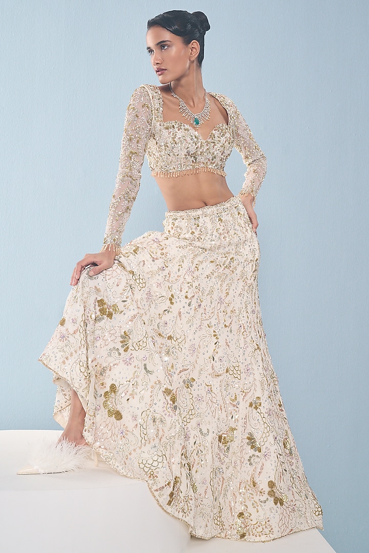 Ivory Georgette Sequins Embroidered Skirt Set by Tamanna Punjabi Kapoor at Pernia's Pop Up Shop