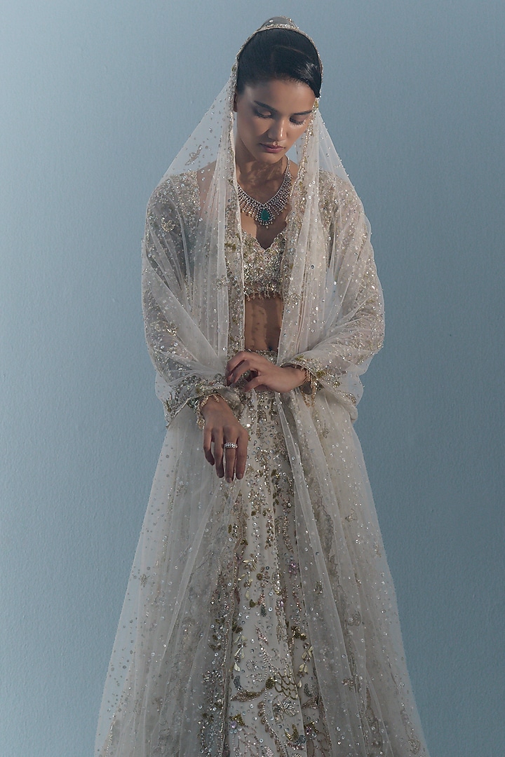 Ivory Georgette Sequins Embroidered Skirt Set by Tamanna Punjabi Kapoor at Pernia's Pop Up Shop