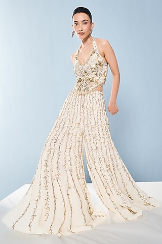 Ivory Georgette Sequins Embroidered Sharara Set by Tamanna Punjabi Kapoor