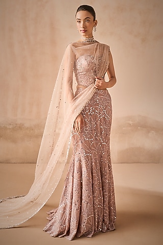 Mauve Pink Georgette Sequins Embroidered Lehenga Set by Tamanna Punjabi Kapoor