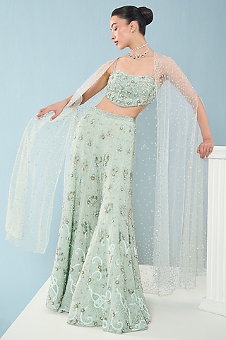 Sea Green Georgette Sequins Embroidered Sharara Set by Tamanna Punjabi Kapoor