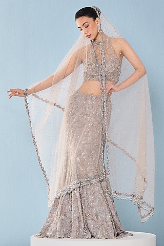Grey Georgette Sequins Embroidered Lehenga Set by Tamanna Punjabi Kapoor