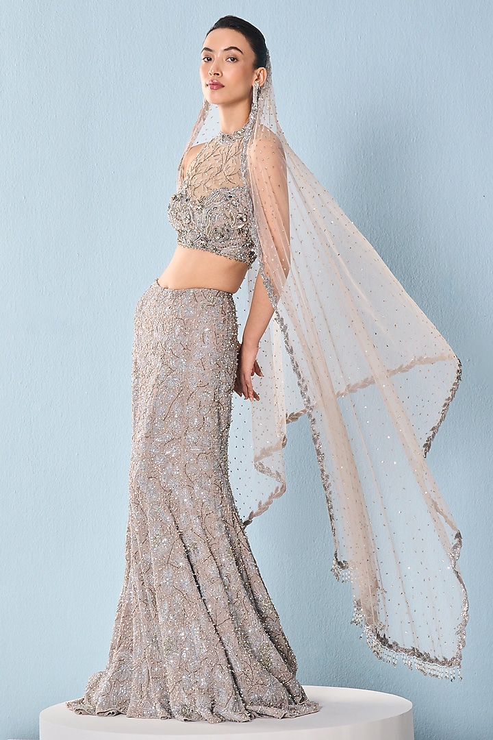Grey Georgette Sequins Embroidered Bridal Lehenga Set by Tamanna Punjabi Kapoor at Pernia's Pop Up Shop