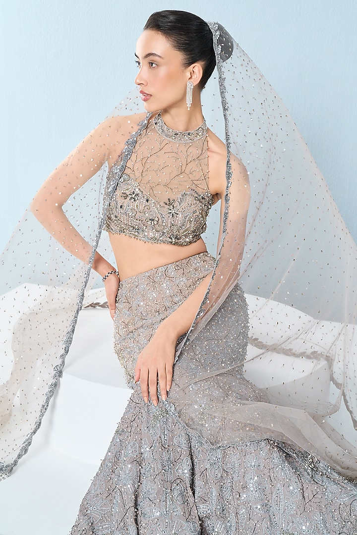 Grey Georgette Sequins Embroidered Bridal Lehenga Set by Tamanna Punjabi Kapoor at Pernia's Pop Up Shop
