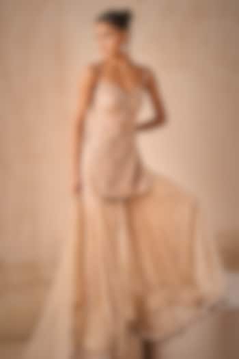Biscuit Brown Tulle Sequins Embroidered Gharara Set by Tamanna Punjabi Kapoor at Pernia's Pop Up Shop