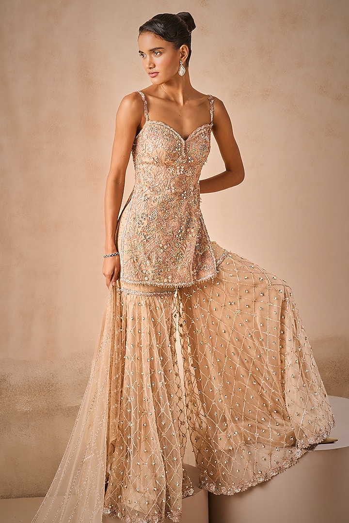 Biscuit Brown Tulle Sequins Embroidered Gharara Set by Tamanna Punjabi Kapoor at Pernia's Pop Up Shop