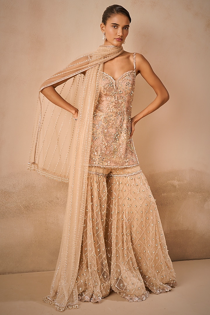 Biscuit Brown Tulle Sequins Embroidered Gharara Set by Tamanna Punjabi Kapoor at Pernia's Pop Up Shop