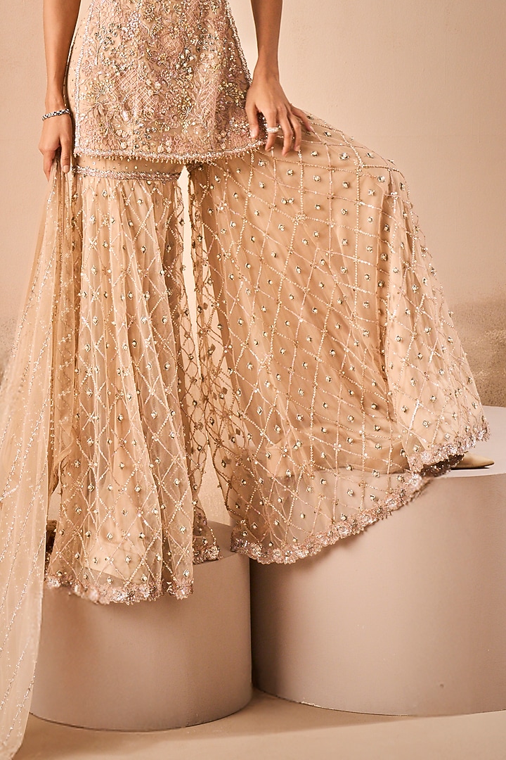 Biscuit Brown Tulle Sequins Embroidered Gharara Set by Tamanna Punjabi Kapoor at Pernia's Pop Up Shop