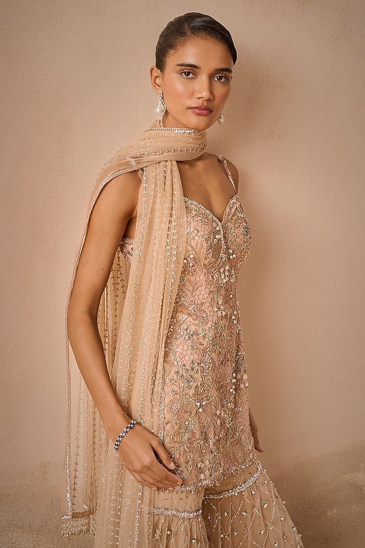 Biscuit Brown Tulle Sequins Embroidered Gharara Set by Tamanna Punjabi Kapoor at Pernia's Pop Up Shop