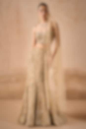Beige Gold Tulle Sequins Embroidered Flared Bridal Lehenga Set by Tamanna Punjabi Kapoor at Pernia's Pop Up Shop