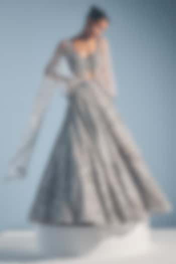 Grey Tulle Sequins Embroidered Bridal Lehenga Set by Tamanna Punjabi Kapoor at Pernia's Pop Up Shop