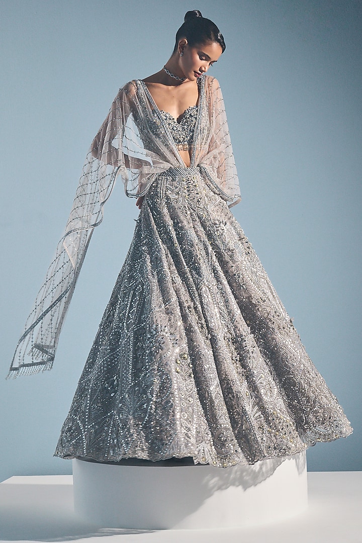 Grey Tulle Sequins Embroidered Bridal Lehenga Set by Tamanna Punjabi Kapoor at Pernia's Pop Up Shop