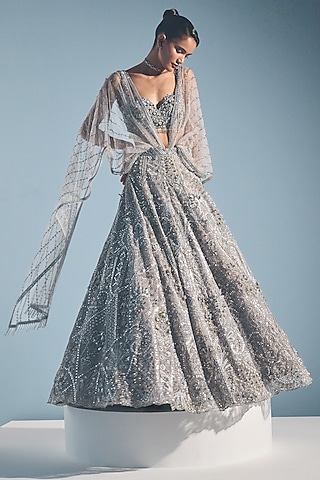 Grey Tulle Sequins Embroidered Lehenga Set by Tamanna Punjabi Kapoor