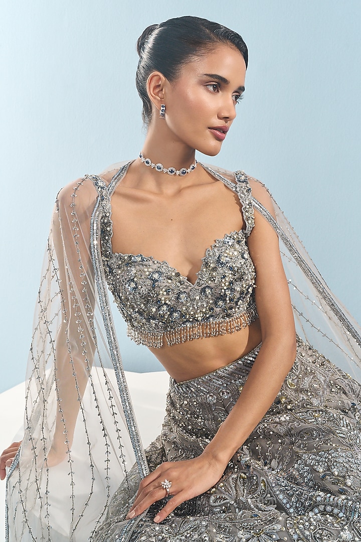 Grey Tulle Sequins Embroidered Bridal Lehenga Set by Tamanna Punjabi Kapoor at Pernia's Pop Up Shop