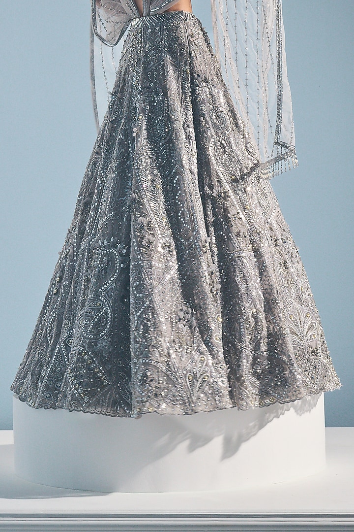 Grey Tulle Sequins Embroidered Bridal Lehenga Set by Tamanna Punjabi Kapoor at Pernia's Pop Up Shop
