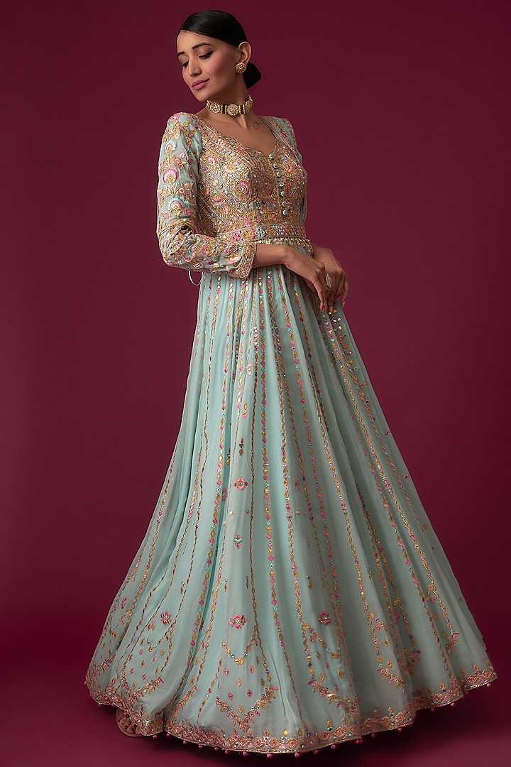 Blue Georgette Embroidered Bridal Anarkali Set by Tamanna Punjabi Kapoor at Pernia's Pop Up Shop