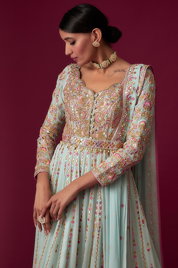 Blue Georgette Embroidered Bridal Anarkali Set by Tamanna Punjabi Kapoor at Pernia's Pop Up Shop