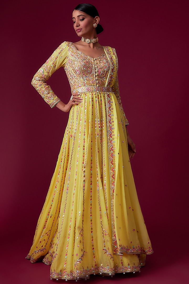 Yellow Georgette Embroidered Anarkali Set by Tamanna Punjabi Kapoor