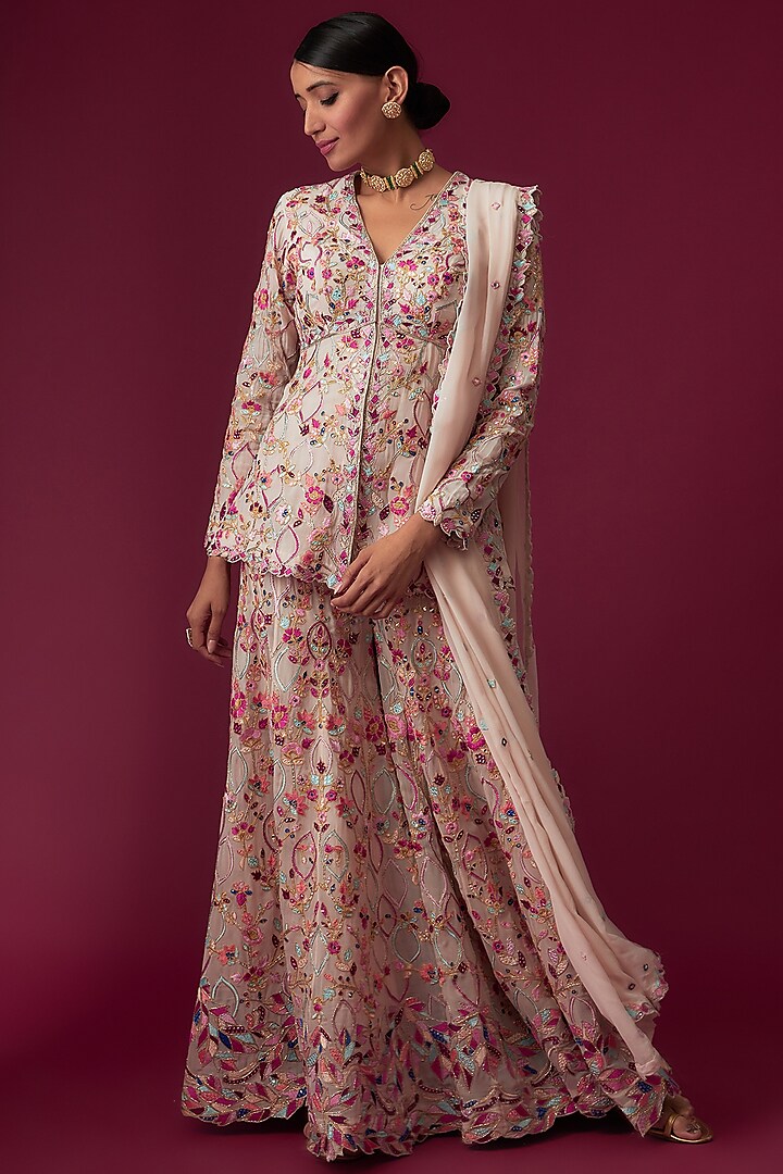 Pink Chanderi Silk Embroidered Sharara Set by Tamanna Punjabi Kapoor