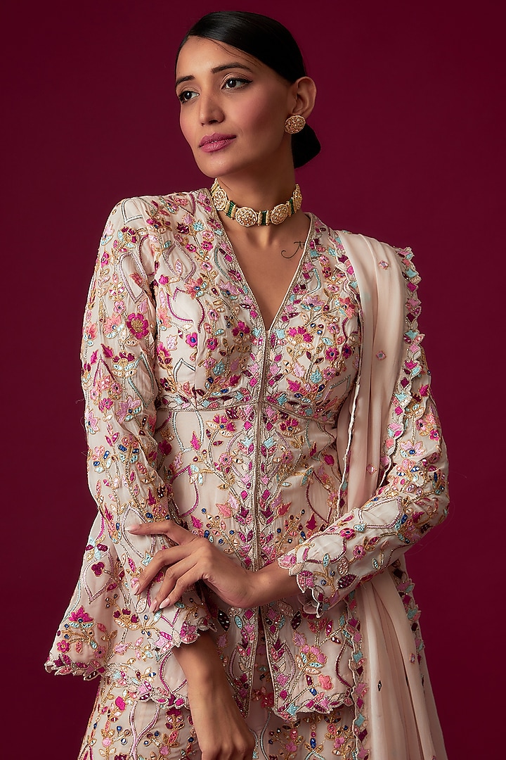 Pink Chanderi Silk Embroidered Bridal Sharara Set by Tamanna Punjabi Kapoor at Pernia's Pop Up Shop