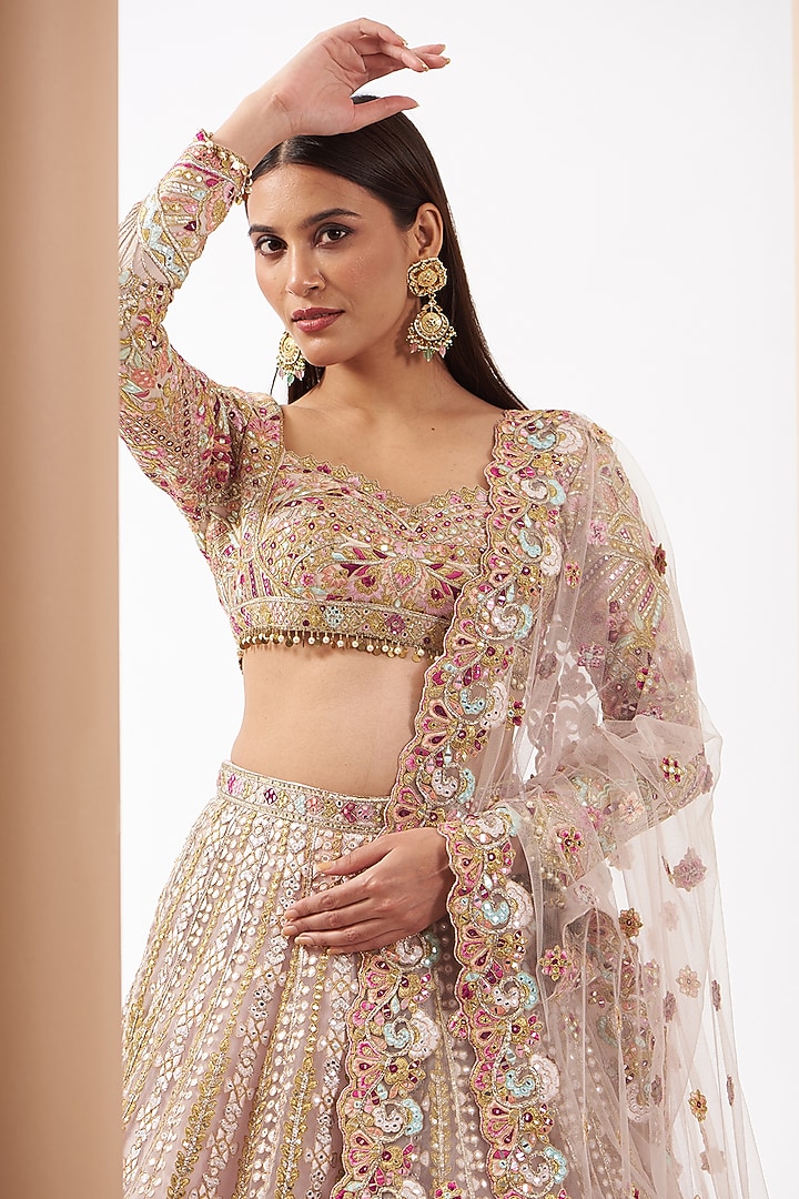 Beige Chanderi Silk Embroidered Bridal Lehenga Set by Tamanna Punjabi Kapoor at Pernia's Pop Up Shop