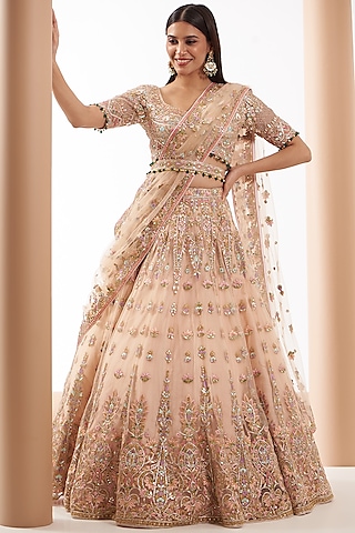 Ivory Net Mirror Embroidered Lehenga Set by Tamanna Punjabi Kapoor