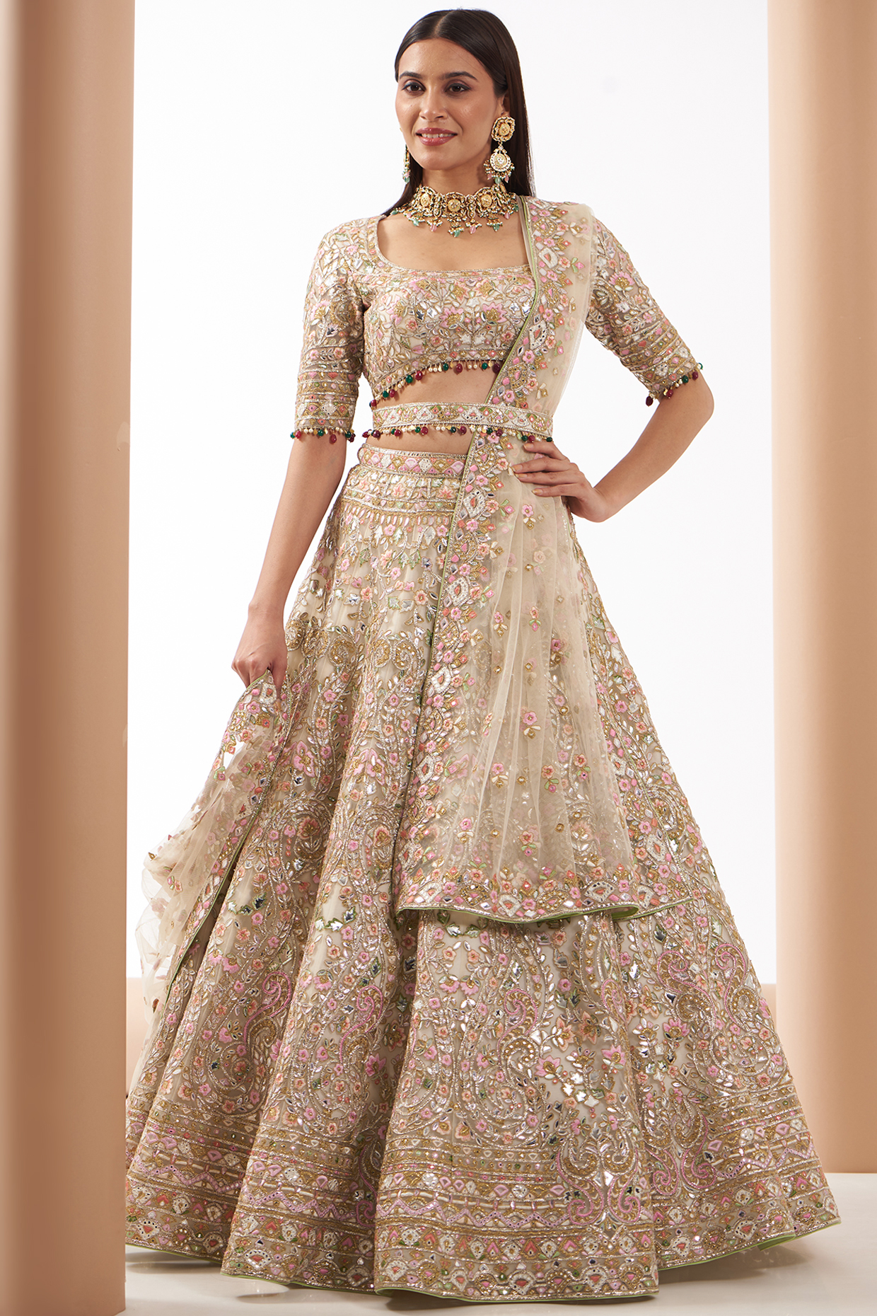 Beige Chanderi Silk Embroidered Lehenga Set by Tamanna Punjabi Kapoor