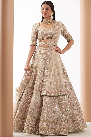 Beige Chanderi Silk Embroidered Lehenga Set by Tamanna Punjabi Kapoor
