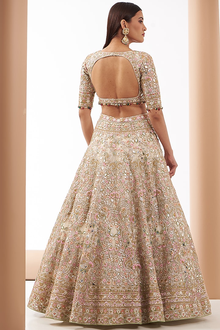 Beige Chanderi Silk Embroidered Bridal Lehenga Set by Tamanna Punjabi Kapoor at Pernia's Pop Up Shop