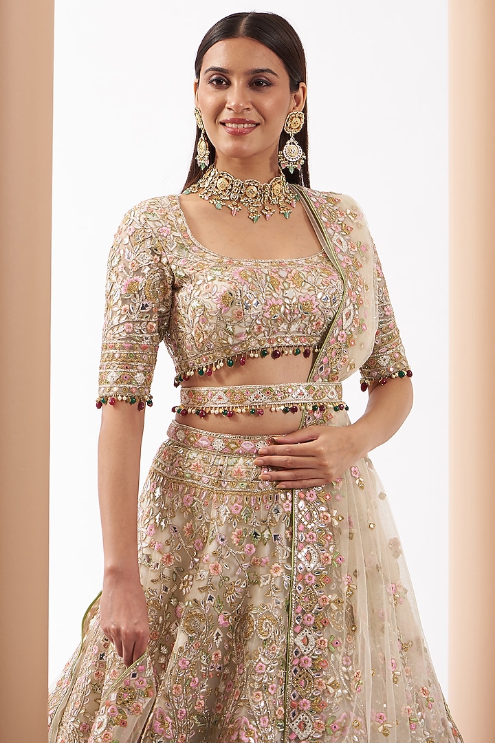 Beige Chanderi Silk Embroidered Bridal Lehenga Set by Tamanna Punjabi Kapoor at Pernia's Pop Up Shop