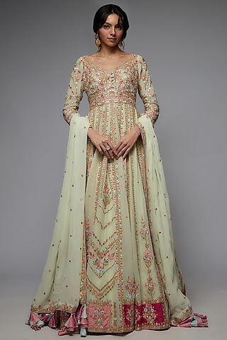 Green Georgette Embroidered Anarkali Set by Tamanna Punjabi Kapoor