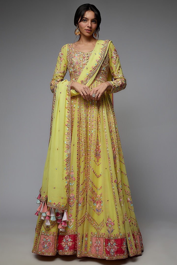 Yellow Georgette Embroidered Anarkali Set by Tamanna Punjabi Kapoor
