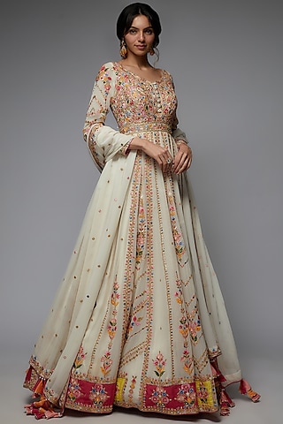 Ivory Georgette Embroidered Anarkali Set by Tamanna Punjabi Kapoor